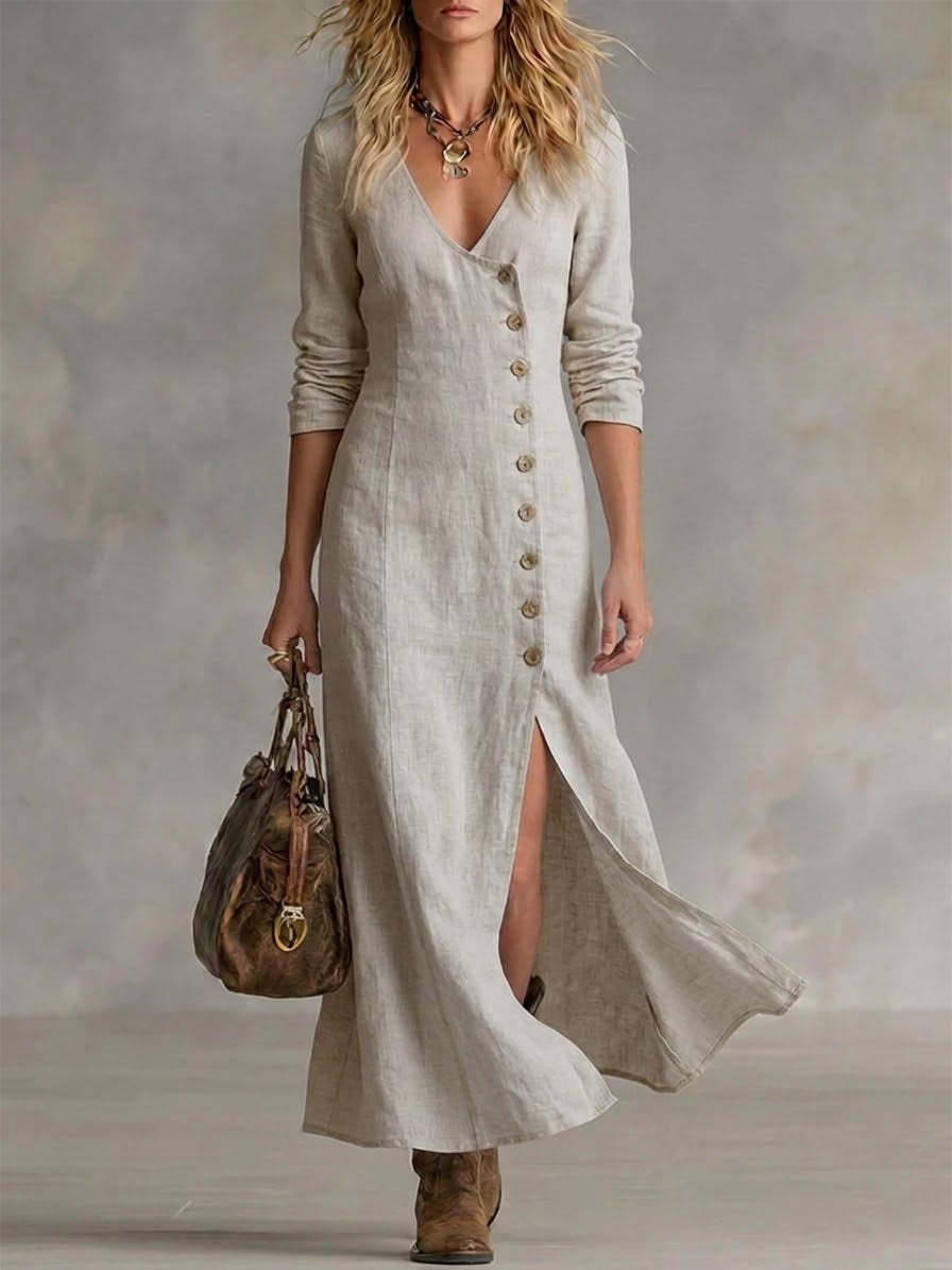 Robes longues mode en coton et lin à plusieurs boutons
