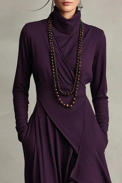 Robe maxi décontractée unie à col montant et manches longues, coupe asymétrique