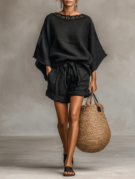 Ensemble blouse minimaliste à dentelle à col bateau et short