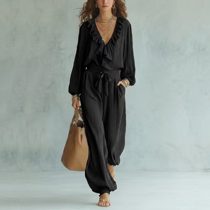 Ruffle V-Neck Long Sleeve Top & Tie Waist Wide Leg Pants Two Piece Set