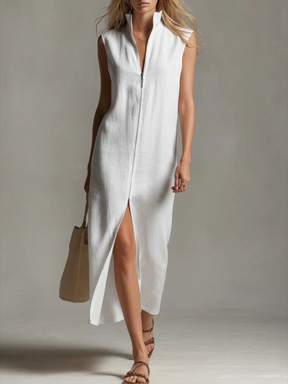 Women's Solid Color Stand-collar Sleeveless Casual Loose Linen Dress