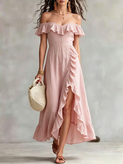 Women's Summer Cotton Off Shoulder Ruffled Ruched Flowy Maxi Dress