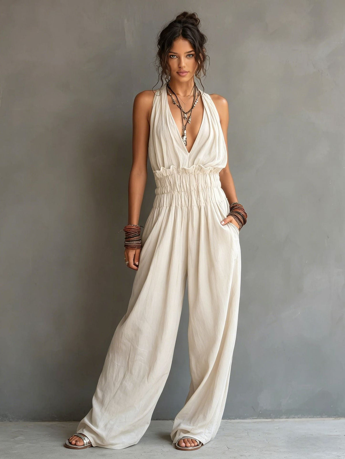 Halter Deep V Smocked Elastic Waist Wide Leg Palazzo Jumpsuit