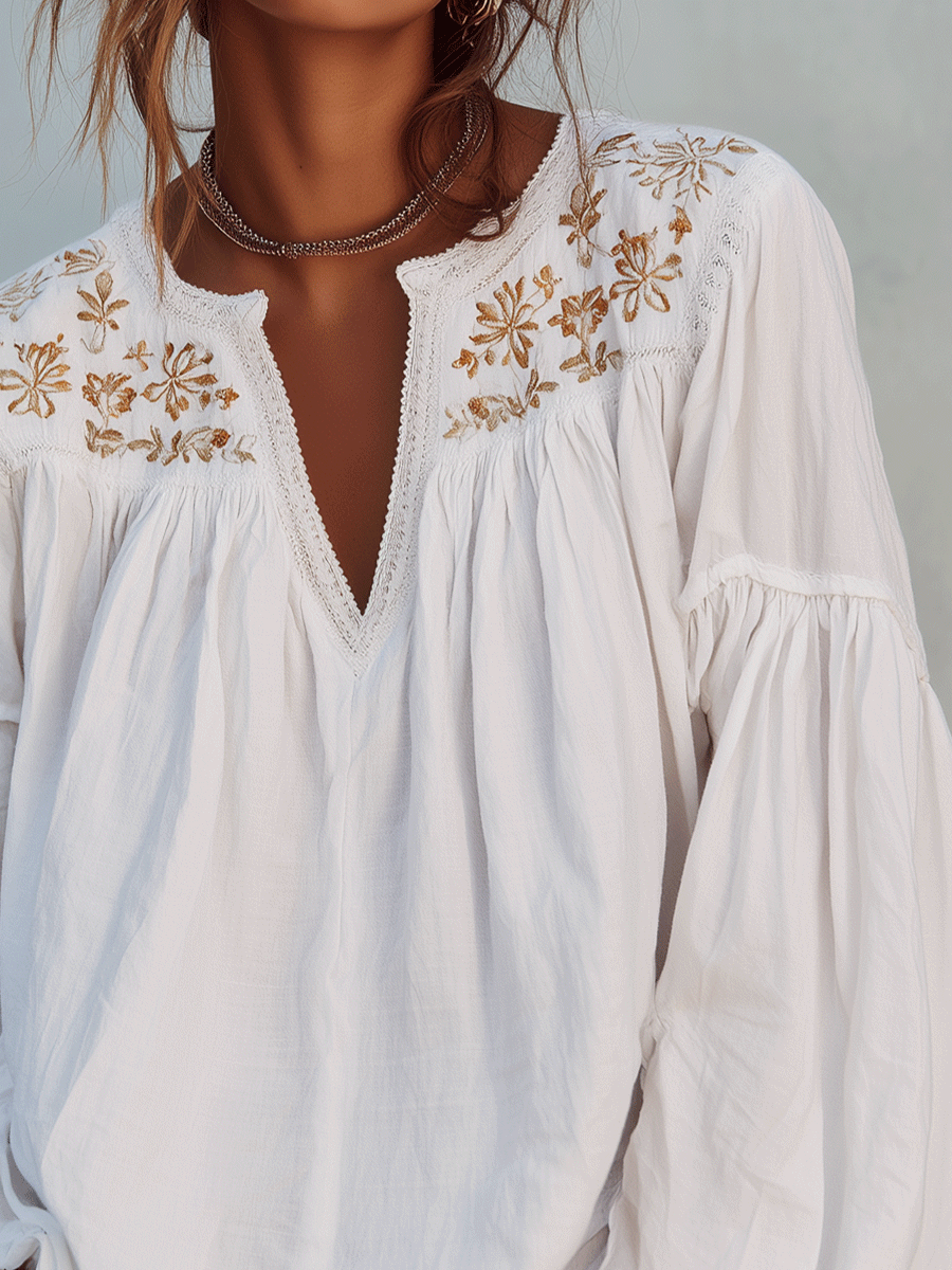 Blouse à manches longues en coton blanc brodé style bohème