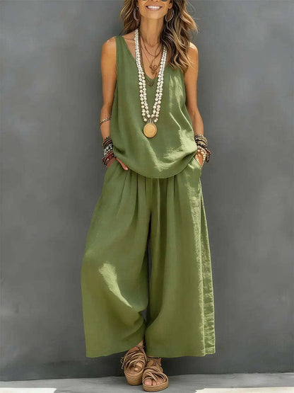 Ensemble top sans manches à col V en lin et pantalon à jambes larges