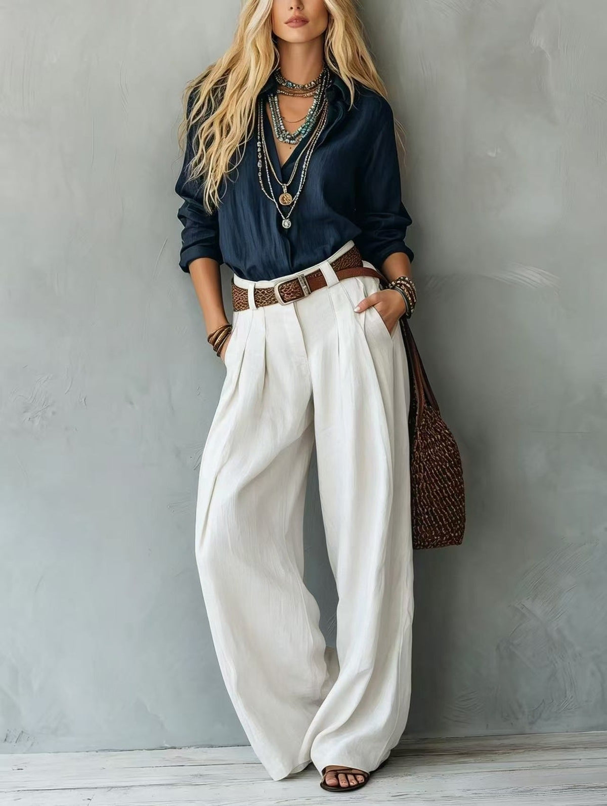 Navy Blue Loose Linen Shirt & Beige Pleated Wide Leg Linen Pants 2 Piece Boho Co-Ord Set