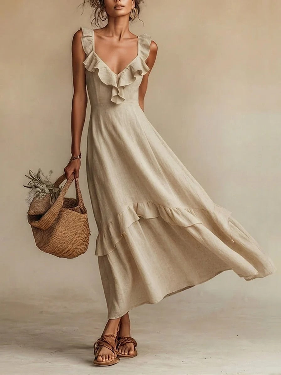 Robe longue maxi mélange lin à volants