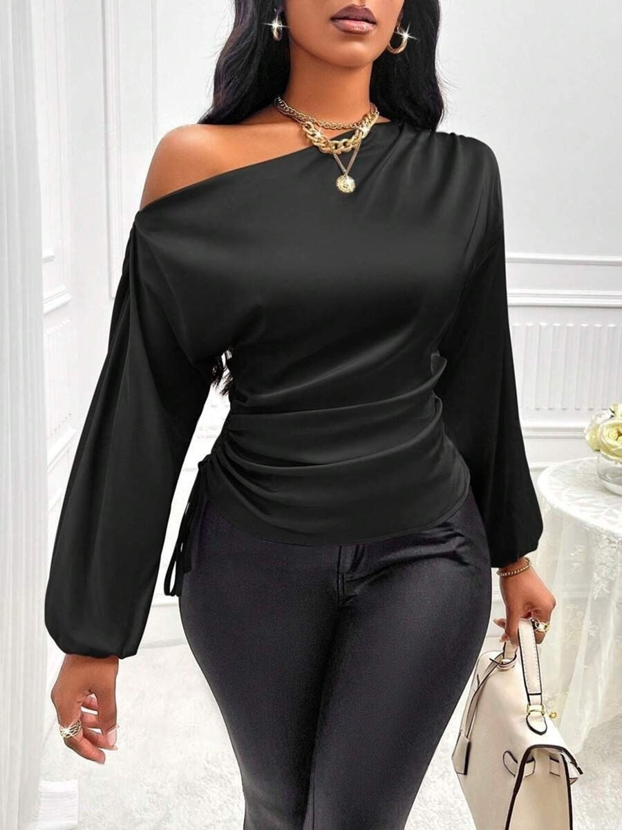 Blouse satinée à manches longues asymétrique pour femme à col incliné