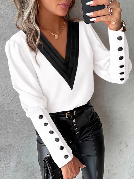 Chemise d'automne à col V unie à manches longues avec boutons