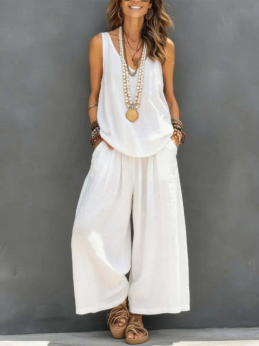 Ensemble top sans manches à col V en lin et pantalon à jambes larges
