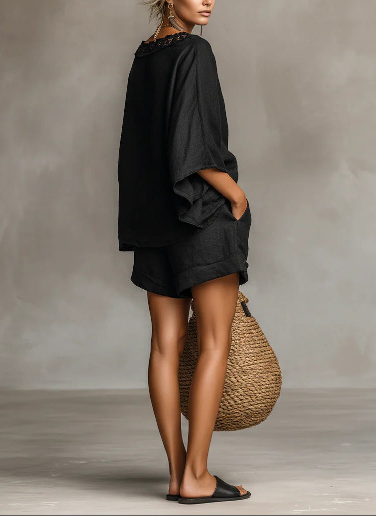 Ensemble blouse minimaliste à dentelle à col bateau et short