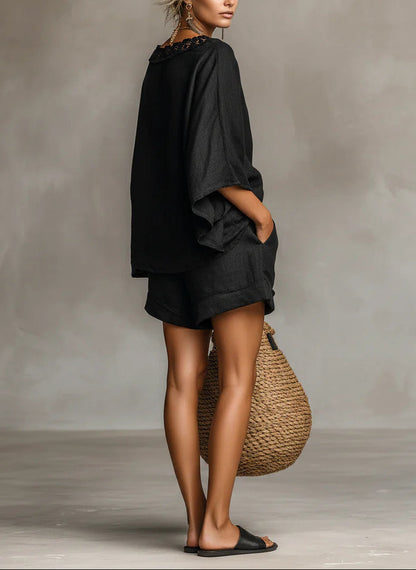 Ensemble blouse minimaliste à dentelle à col bateau et short