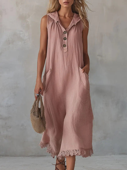 Sleeveless Collared Half Button Lace Hem Linen Midi Dress
