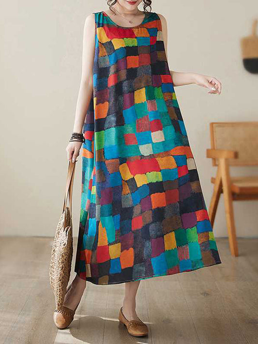 Robes midi à col rond, sans manches amples, à carreaux multicolores contrastés