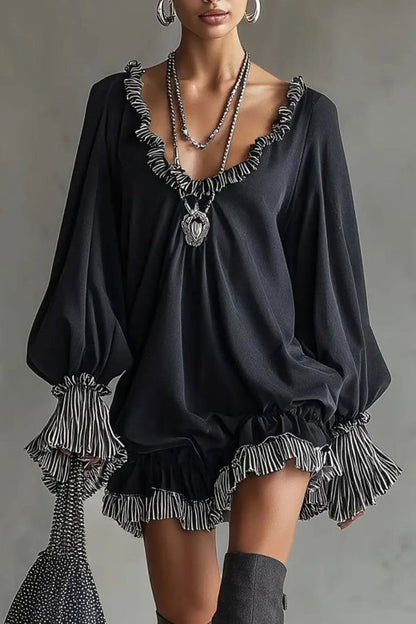 Robe mini décontractée à manches longues, ample et patchwork tendance, à volants et patchwork.