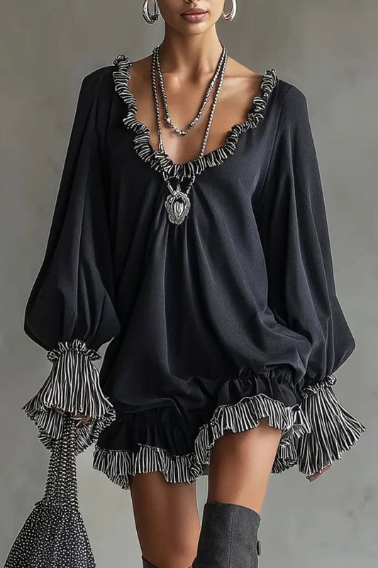 Robe mini décontractée à manches longues, ample et patchwork tendance, à volants et patchwork.