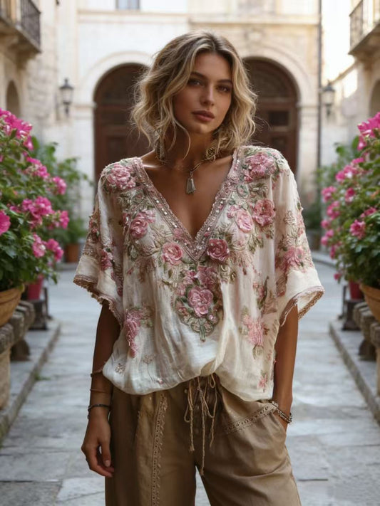 Chemise à col V à manches courtes de style bohème avec broderie florale rose et paillettes