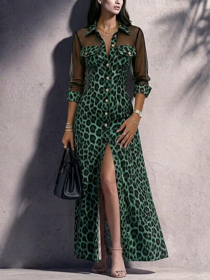 Leopard Print Mesh Sleeve Maxi Shirt Dress