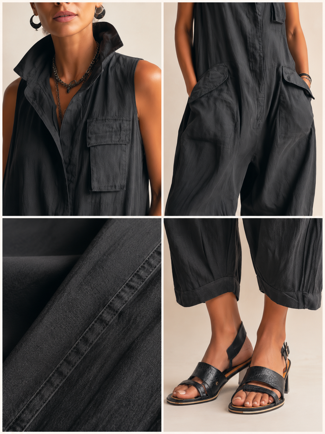 Combinaison sans manches style utilitaire, jambes larges