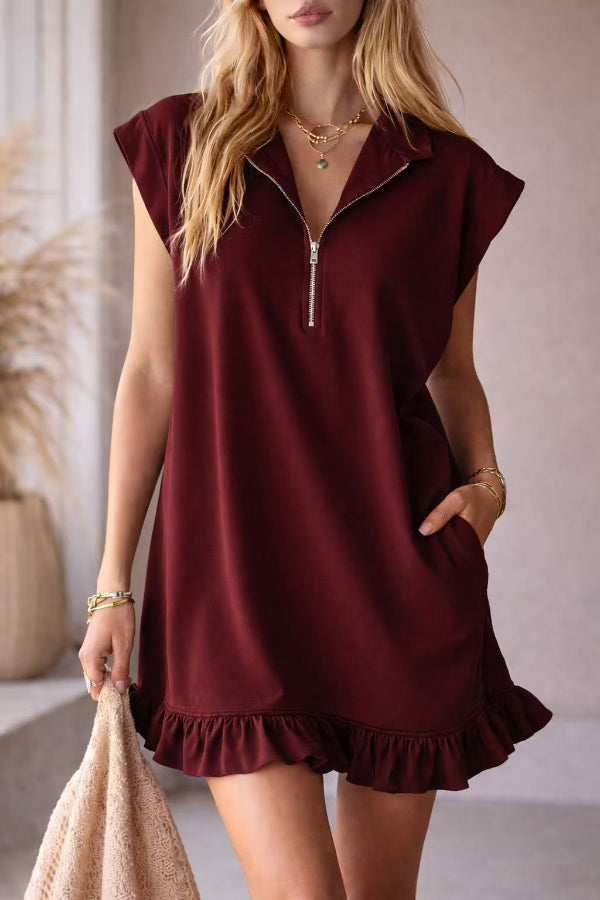 Robe mini décontractée à volants, sans manches, ample, unie, avec poche