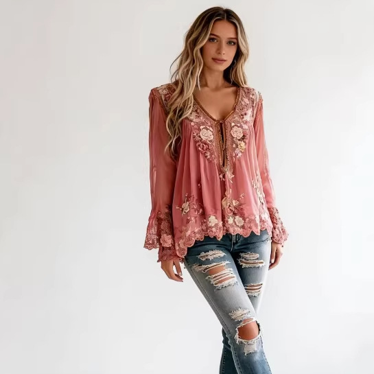 Blouse à manches longues semi‑transparente à col V à motif floral