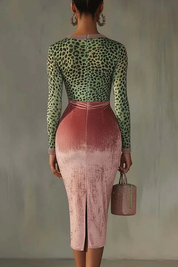 Robe midi slim stretch patchwork en velours tendance