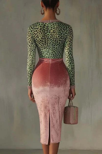 Robe midi slim stretch patchwork en velours tendance