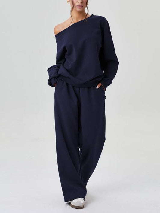 Ensemble haut à manches longues épaules découvertes et pantalon à jambes larges pour femme