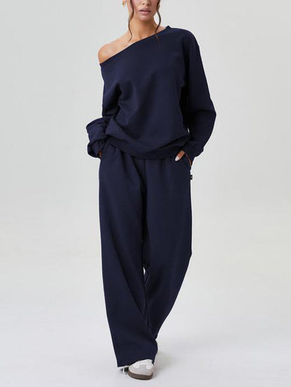 Ensemble haut à manches longues épaules découvertes et pantalon à jambes larges pour femme