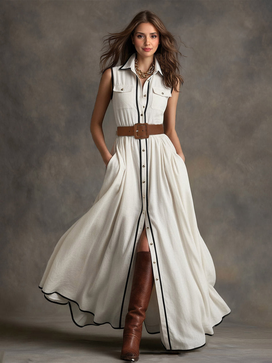 Robe‑chemise longue ceinturée avec passepoils contrastés