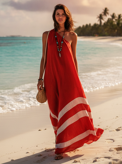 Women's Vacation-Style Cotton-Linen Color-Block One-Shoulder Loose Maxi Dress