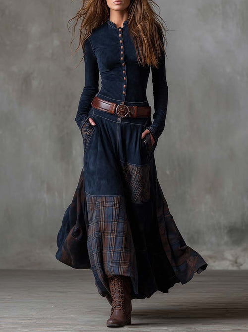 Robe longue maxi en daim patchwork vintage avec des panneaux à carreaux