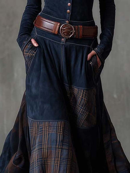 Robe longue maxi en daim patchwork vintage avec des panneaux à carreaux