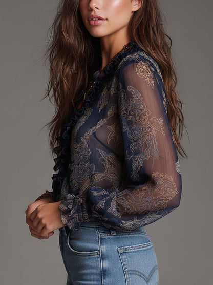 Blouse en mousseline de soie à zip, à volants, à motif cachemire baroque bleu marine