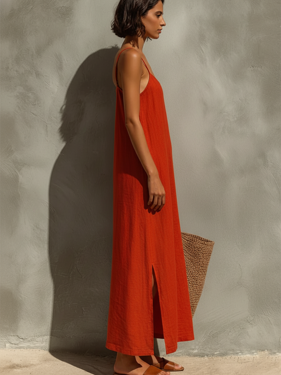 Robe Femme Rouge en Coton à Bretelles Fines et Encolure Carrée, Style Bohème Chic Intemporel