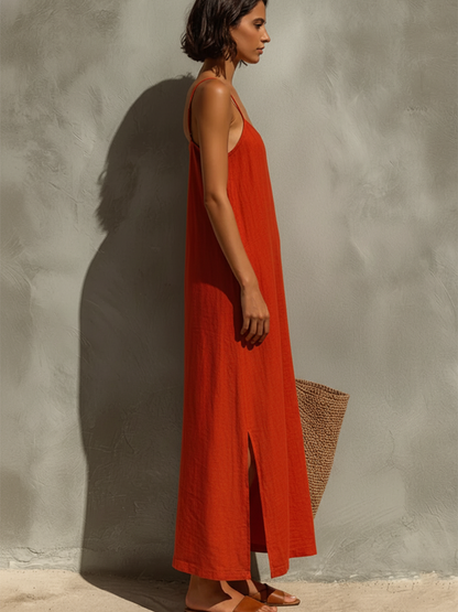 Robe Femme Rouge en Coton à Bretelles Fines et Encolure Carrée, Style Bohème Chic Intemporel