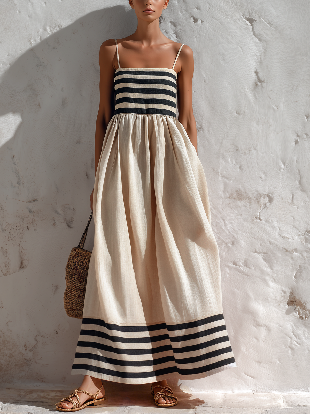 Robe longue à fines bretelles rayée noire et beige