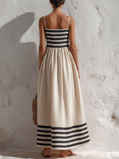 Robe longue à fines bretelles rayée noire et beige