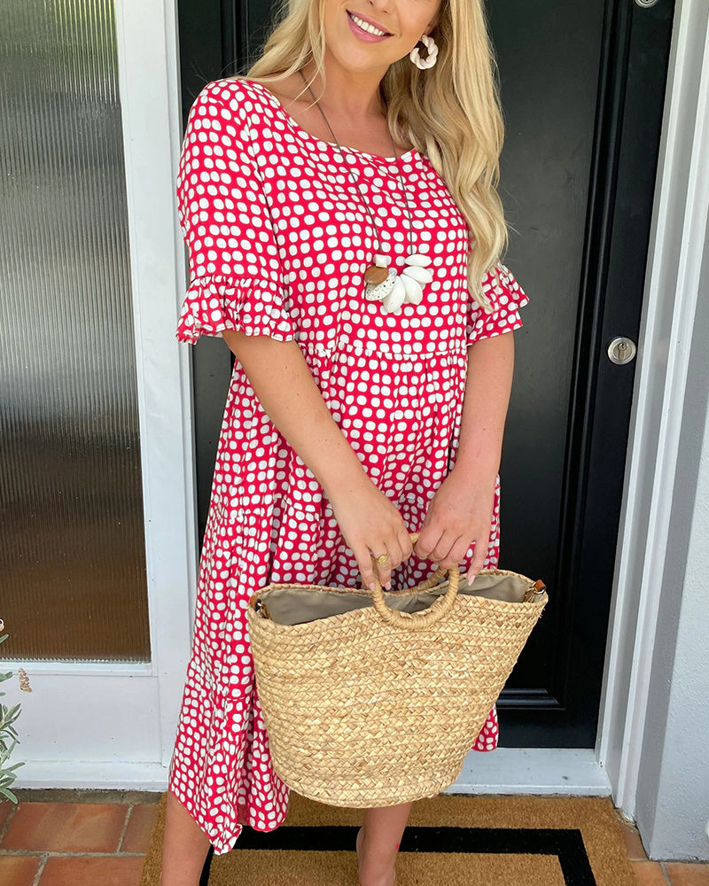 Robe midi à col rond à imprimé à pois