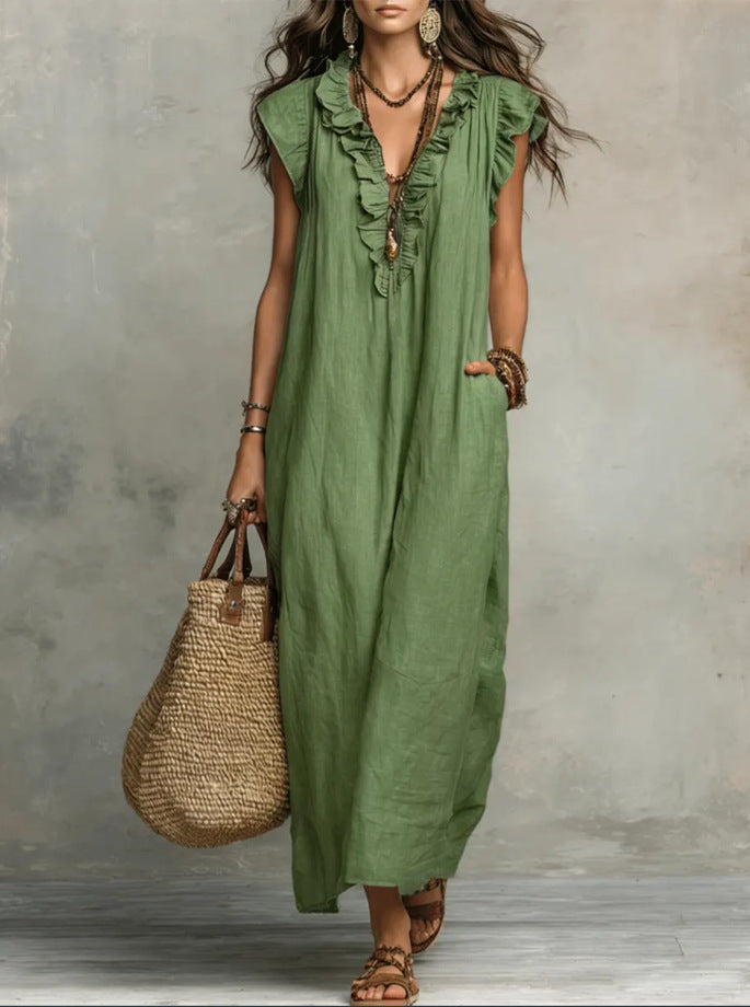 Robe maxi en lin bohème à col V à volants