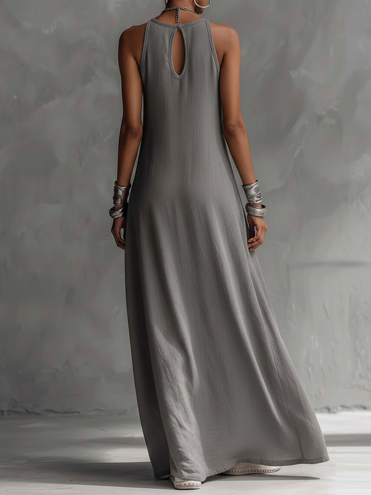 Robe longue sans manches en coton et lin gris à blocs de couleur