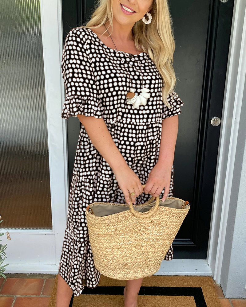 Robe midi à col rond à imprimé à pois