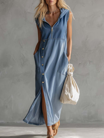 Robe midi en jean bleu vintage décontractée et raffinée, à capuche, col V, fermeture à glissière, fentes latérales et boutons