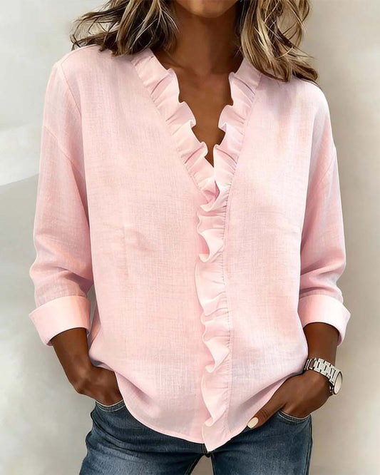 Blouse à manches longues à col V à volants