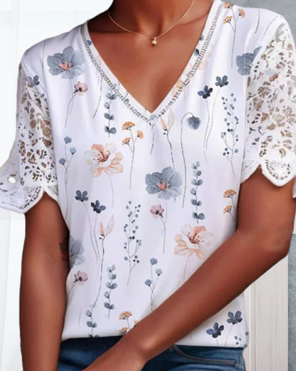 Blouse à patches de dentelle et imprimée