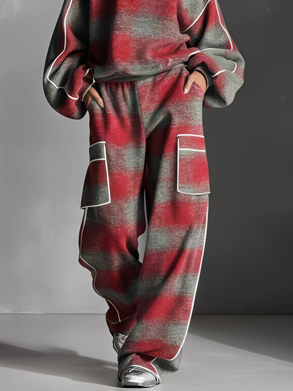 Ensemble deux pièces : sweat à blocs de couleur à carreaux rouge et gris et pantalon décontracté