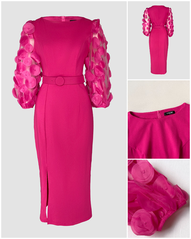 Robe de travail à manches lanternes en résille avec appliqués à pois 3D, fermeture zip au dos et fente, taille cintrée, coupe ajustée, longueur mi-longue avec ceinture