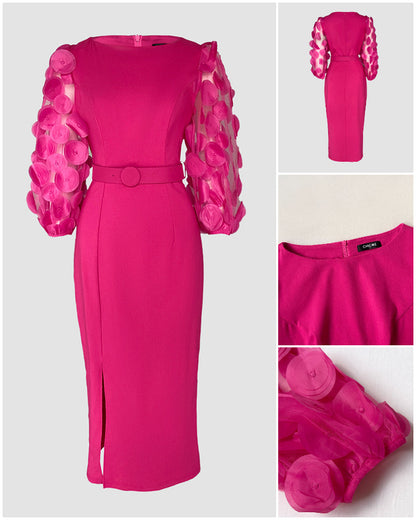 Robe de travail à manches lanternes en résille avec appliqués à pois 3D, fermeture zip au dos et fente, taille cintrée, coupe ajustée, longueur mi-longue avec ceinture