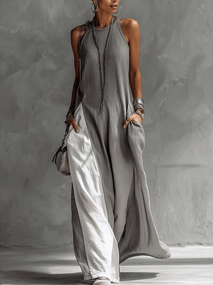 Robe longue sans manches en coton et lin gris à blocs de couleur