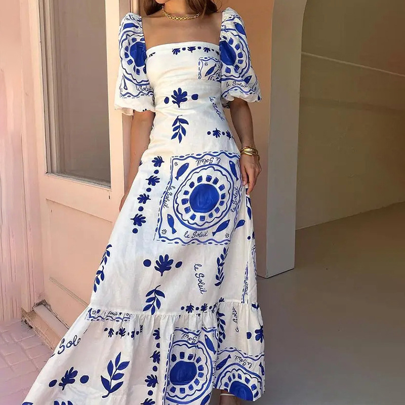 Robe longue à col carré, manches bouffantes, imprimé unique, mélange lin